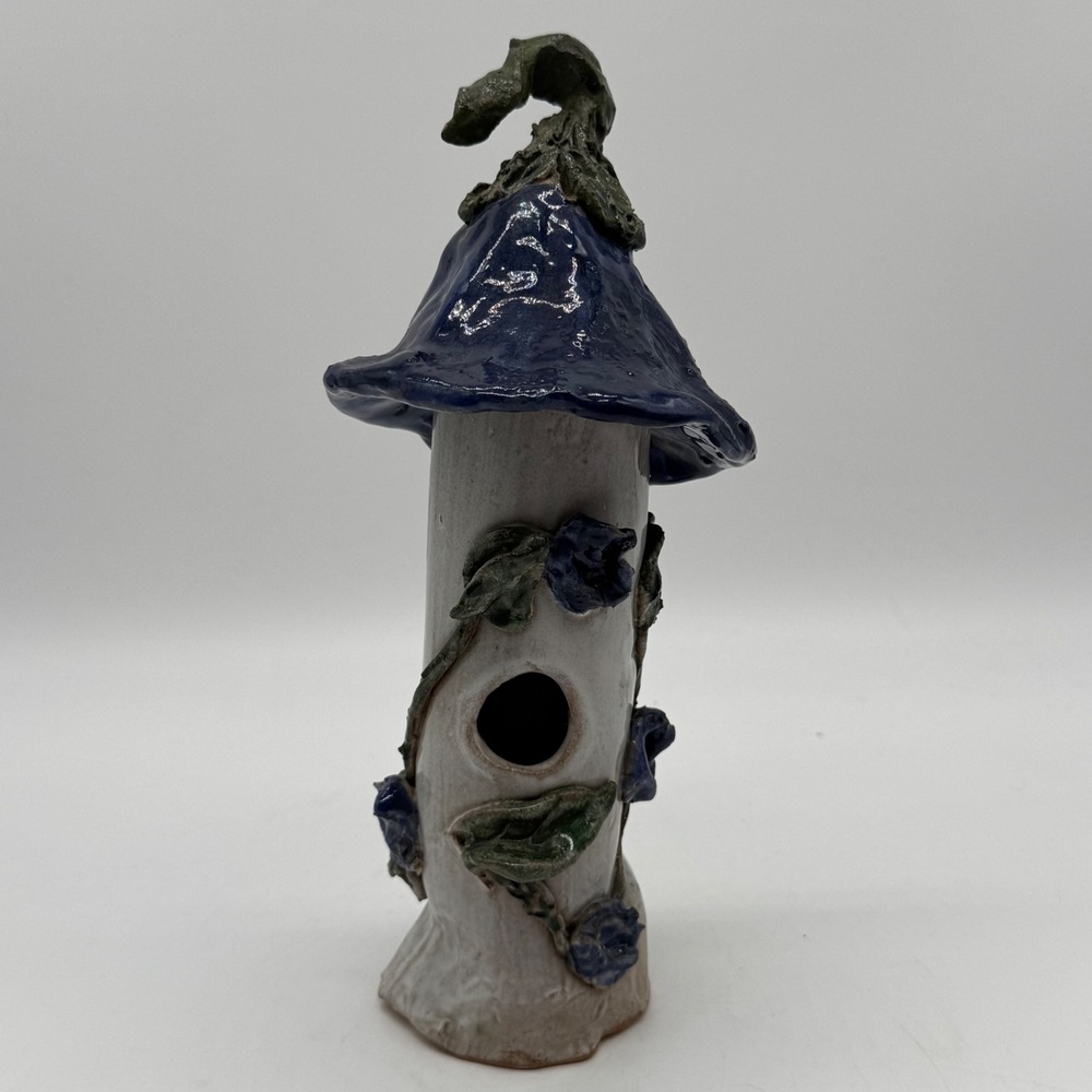 Vintage Handcrafted Studio Art Pottery Mushroom Cap Birdhouse Statue Signed Blue